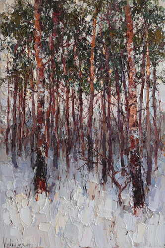 Winter Pine Forest at Dusk by Anastasiya Valiulina, Painting for Sale on Select