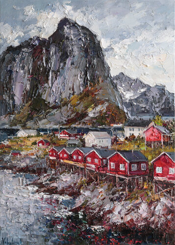 Red Houses of Lofoten by Anastasiya Valiulina, Painting for Sale on Select