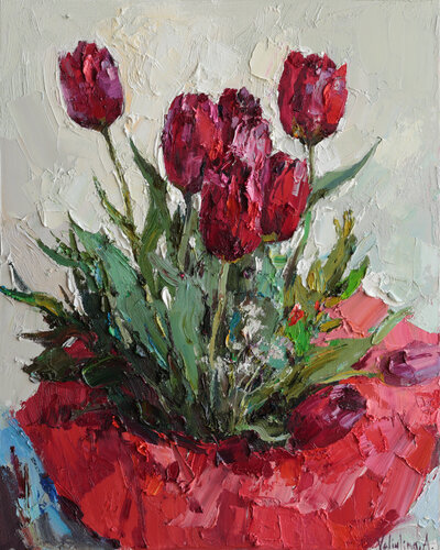 Red Tulips by Anastasiya Valiulina, Painting for Sale on Select