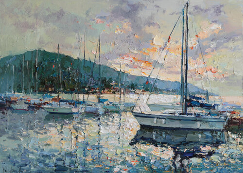 Yachts at Sunset by Anastasiya Valiulina, Painting for Sale on Select