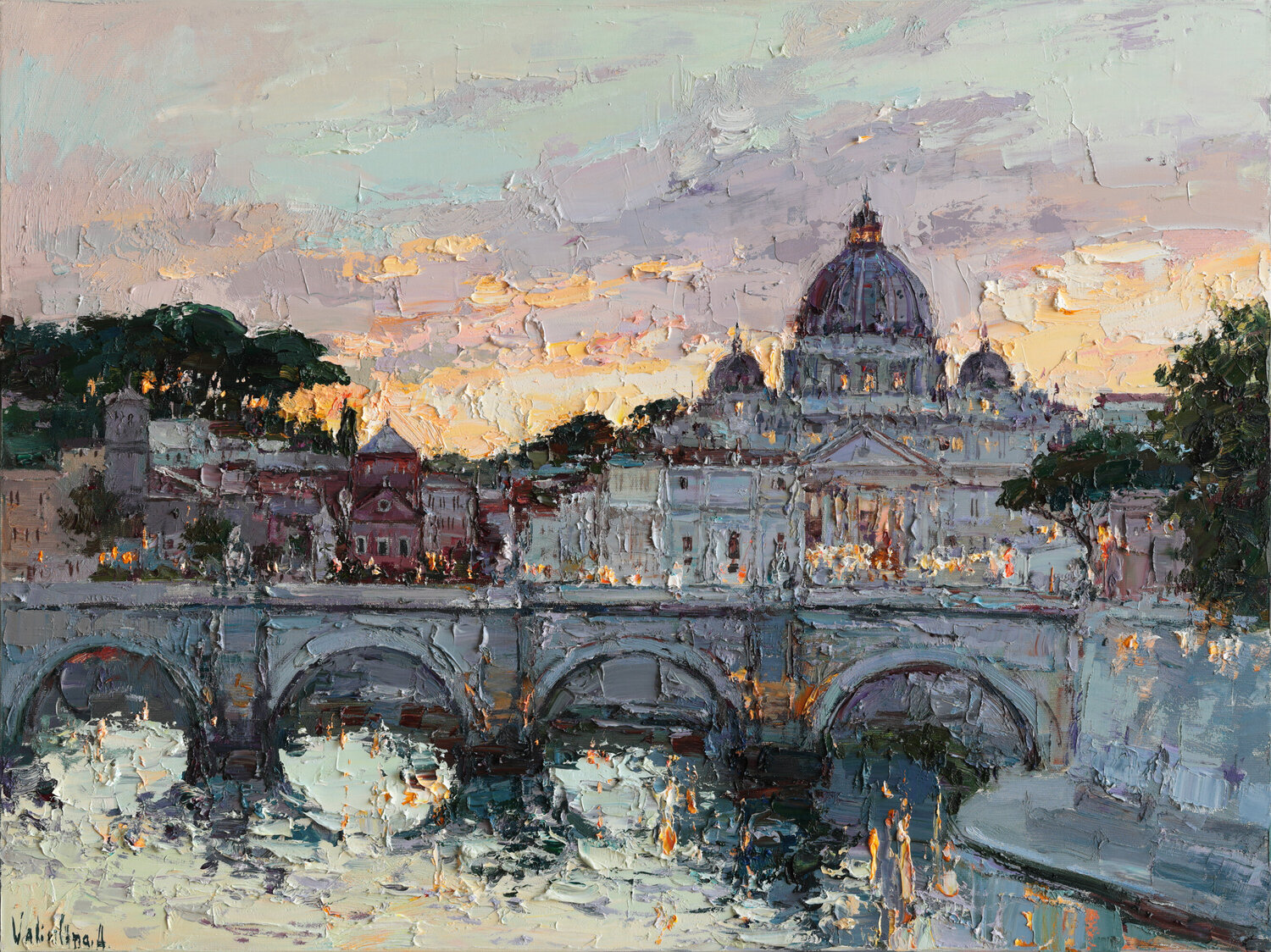 St. Angelo Bridge at Sunset, Rome - Original oil painting Anastasiya Valiulina Original painting for sale