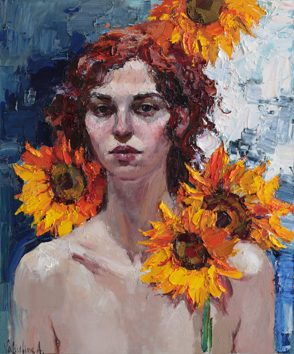 Girl with Sunflowers Portrait Anastasiya Valiulina Original painting for sale