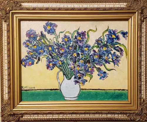 Beautifully flowers, full of colors, the spring-summer flowers, unique colors Irises, Inspired from Van Gogh, bedroom decoration acrylic on canvas, 12x16 inch, 30.5x40.5 cm von Romeo Dobrota, Malerei kaufen auf Select