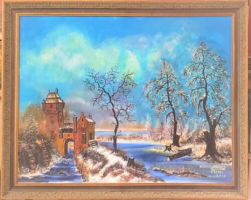 Landscape European Winter, Acrylic on canvas, 22X28x.75 inch, 56x71x2 cm, SKU 1047 von Romeo Dobrota, Malerei kaufen auf Select