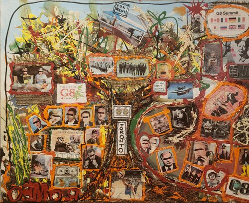 Summit, G7+1+ plus, political in colors, acrylic, photocollage, on canvas, politic protest, lost money, 24x30 cm, SKU 1194 von Romeo Dobrota, Malerei kaufen auf Select