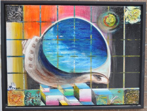 Aqua, the sound of the shell, colors, vibration and sound, symphony of water, Acrylic on canvas, 18x24  SKU 1071 von Romeo Dobrota, Malerei kaufen auf Select
