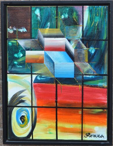 Parott - cubics, warm multicolors unfolded on cubics acrylic, 45x61 cm, 18X24  inch, SKU 1072 von Romeo Dobrota, Malerei kaufen auf Select