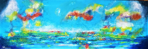 Superb 6 feet painting, summer in colors, Is a poem of light and atmosphere, the painting can also be seen as an ode to the power and beauty of a revitalized acrylic on canvas, 24x72 inch, 61x183 cm SKU 1201 von Romeo Dobrota, Malerei kaufen auf Select