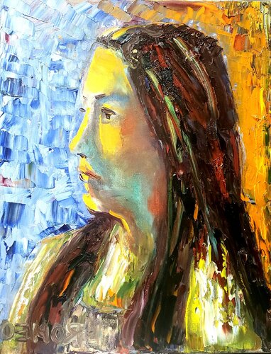 The girl, created from the sun's rays, oil on canvas, 14x18 inch, 35.5x45.5 cm, SKU 3083 von Romeo Dobrota, Malerei kaufen auf Select
