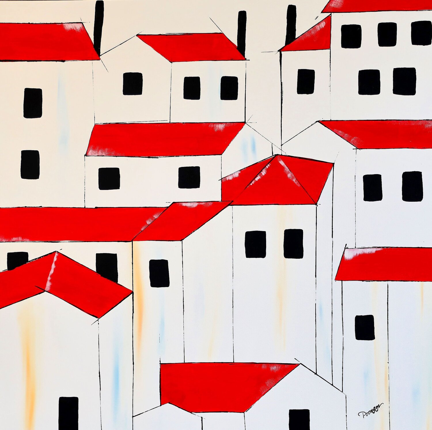 Red roofs - Abstract Landscape POOVI ART Original painting for sale