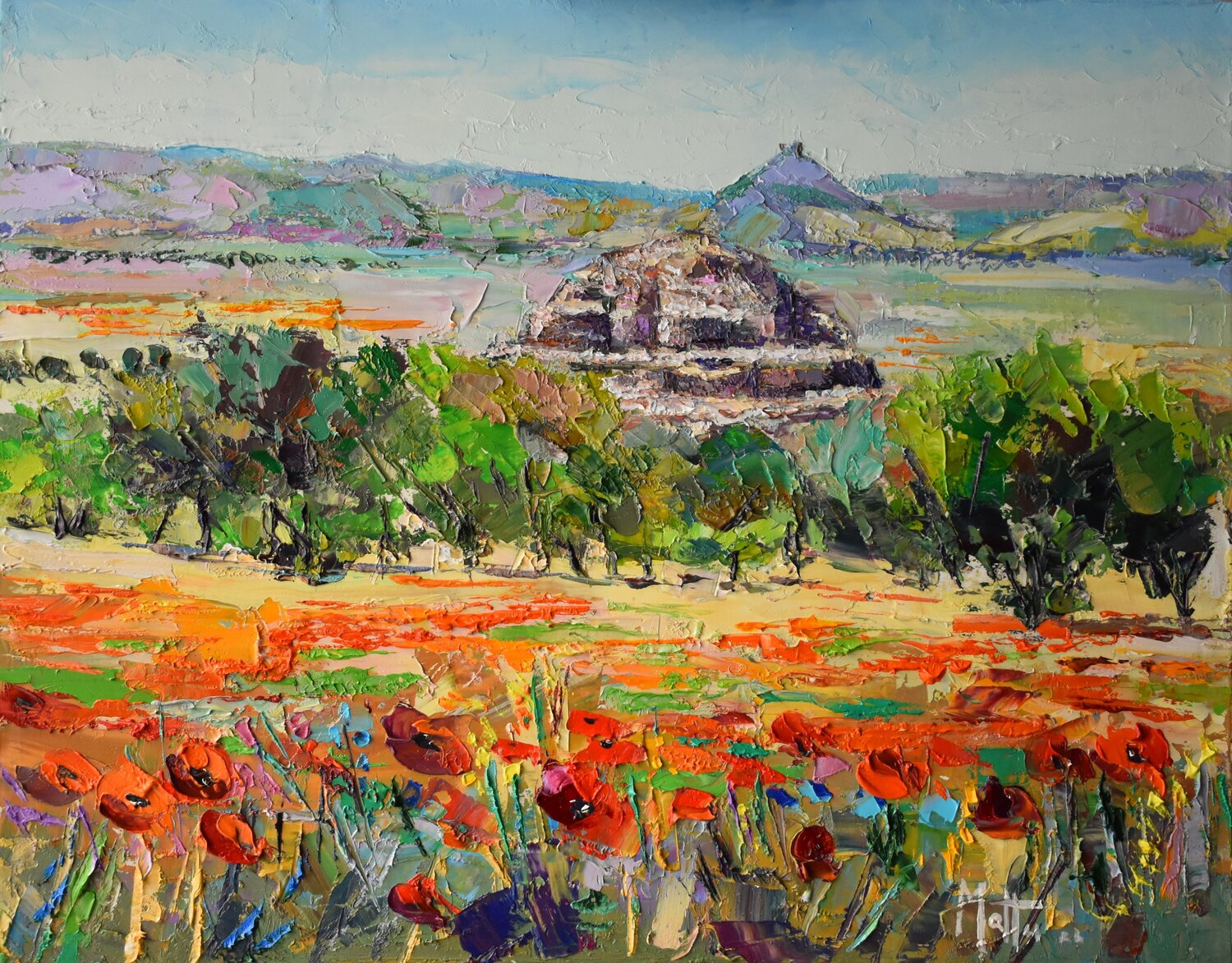 Paesaggio con papaveri e nuraghe Gianni Mattu Original painting for sale