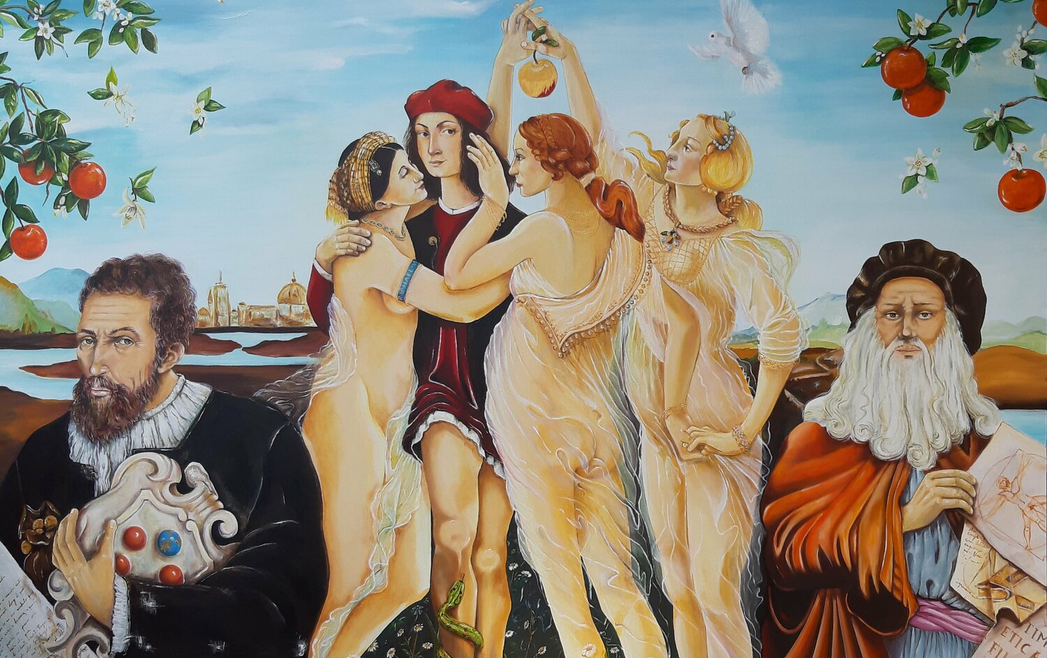 Raffaello a Firenze con Michelangelo e Leonardo Carla Pistola Original painting for sale