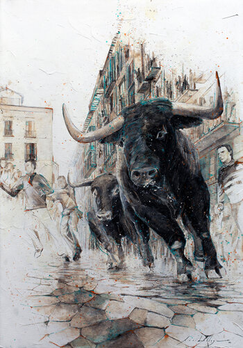 Toros Encierro, San Fermines by Fernando Arribillaga Martínez, Painting for Sale on Select