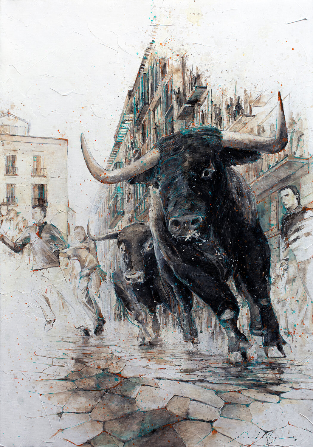 Toros Encierro, San Fermines Fernando Arribillaga Martínez Original painting for sale