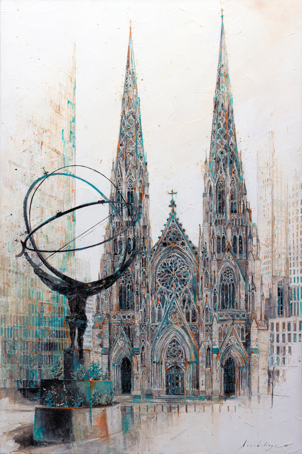 Paseando por New York, Catedral de San Patricio y escultura de Atlas Fernando Arribillaga Martínez Original painting for sale