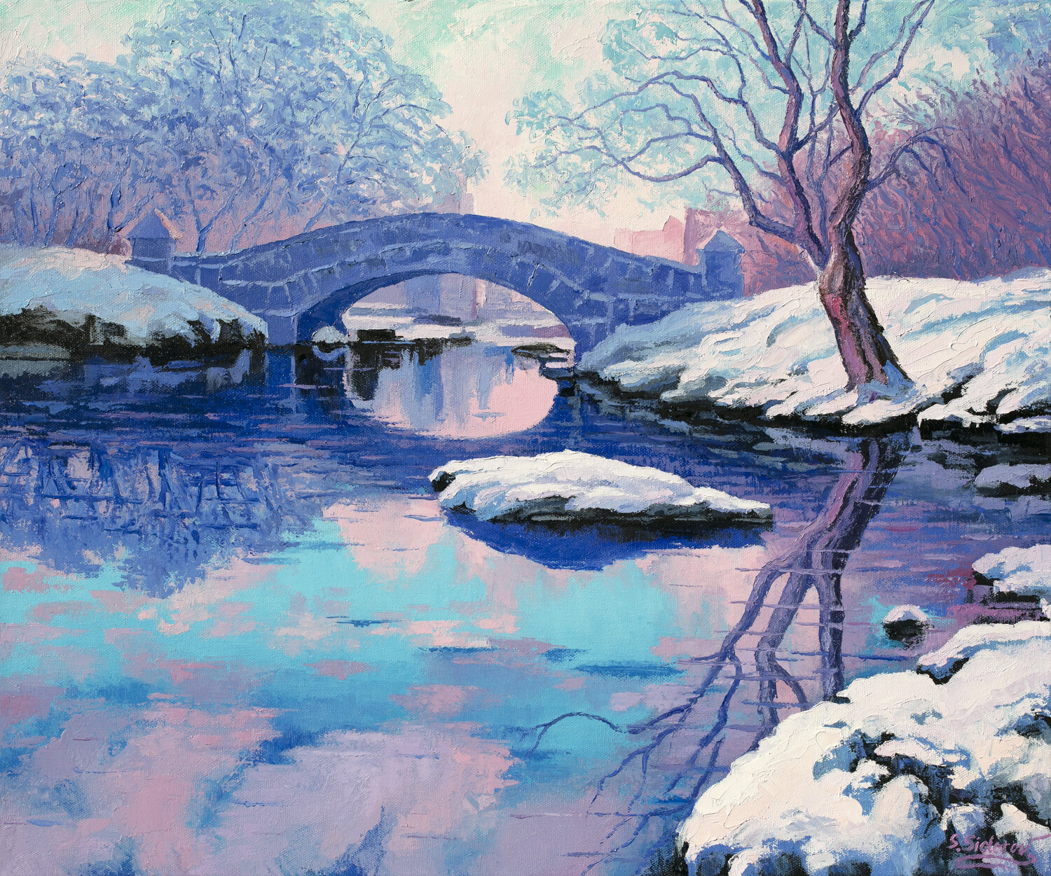 Frosty Twilight Gapstow Bridge Central park New York Stanislav Sidorov Original painting for sale