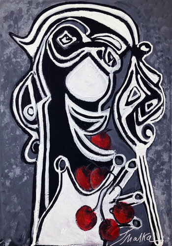 Lady with Red Cherries by Malka Tsentsiper, Painting for Sale on Select