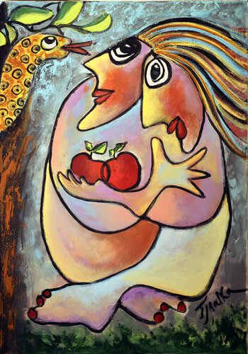 Apples of knowledge and serpent - the teacher and seducer by Malka Tsentsiper, Painting for Sale on Select