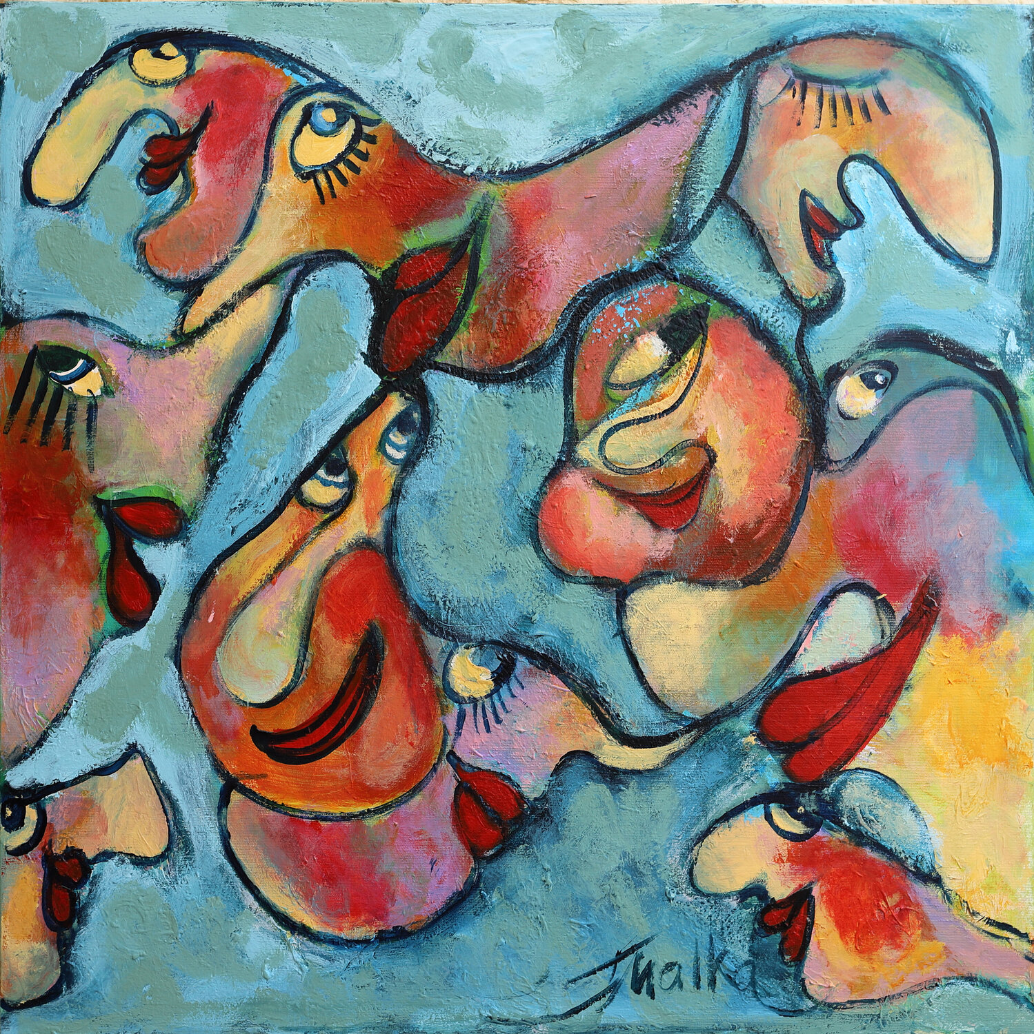 Faces moving in a crowd Malka Tsentsiper Original painting for sale