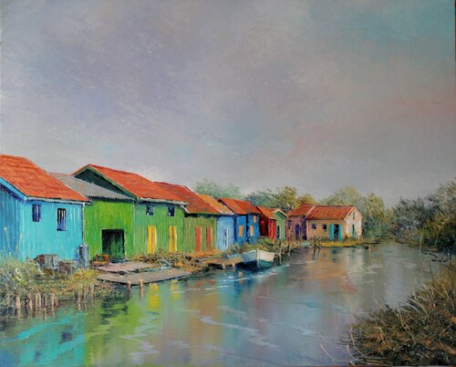 Baraques au bord du chenal by Jacques Majos, Painting for Sale on Select