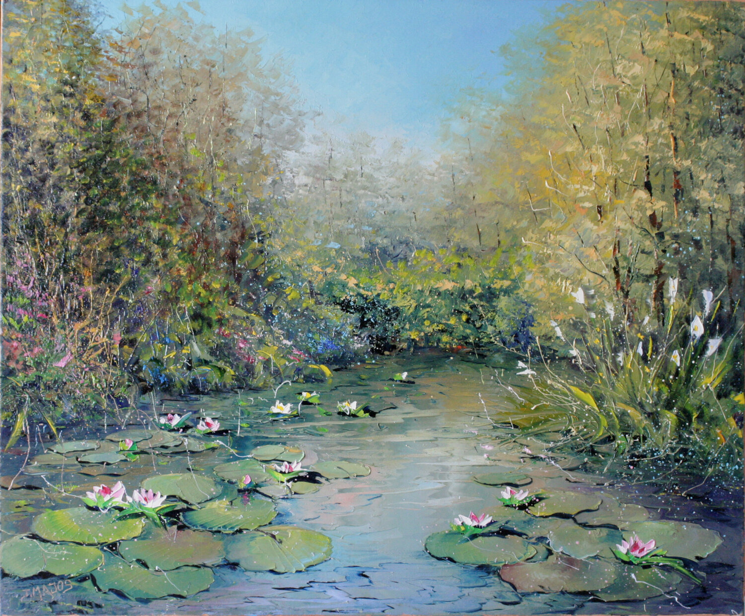 Les nénuphars aux iris blancs Jacques Majos Original painting for sale