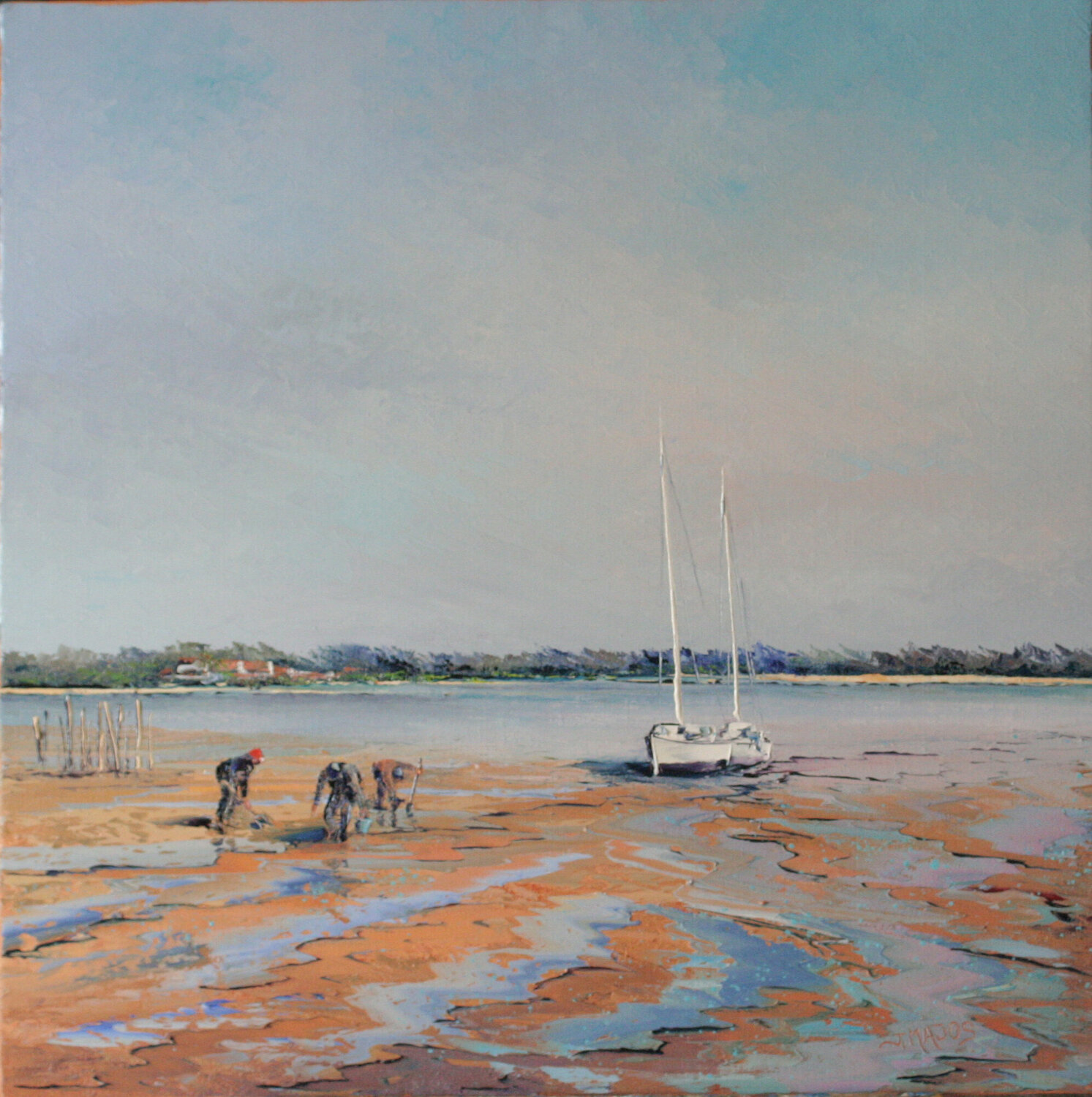 Trois pêcheurs à marée basse Jacques Majos Original painting for sale