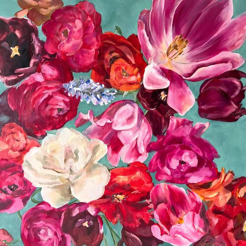 80x80 cm -  Radiant Flowers Fresh Floral Flower Frenzy Vibrant Bouquet Painted Garden Fragrant Blooms Spring Blooms Flower Fantasy Impressionist Blooms Nature's Palette Hand-painted von Victo, Malerei kaufen auf Select