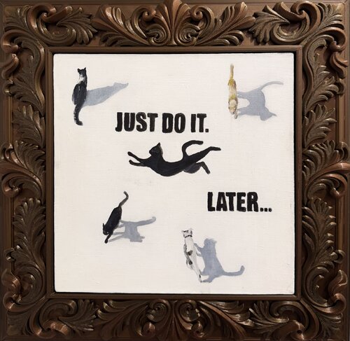 Just Do It. Later… | Playful Minimalist Cat Painting with Pop Art Elements von Victo, Malerei kaufen auf Select