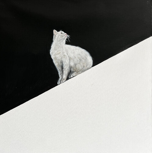Perfect Balance | Minimalist White Cat Painting von Victo, Malerei kaufen auf Select