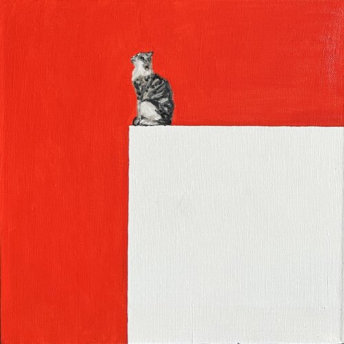 Confident Cat Vibes | Red Throne Cat Fearless Cat Charm cat artwork, minimalist cat art, abstract cat painting, red and white painting, modern animal art contemporary cat decor by Victo, Painting for Sale on Select