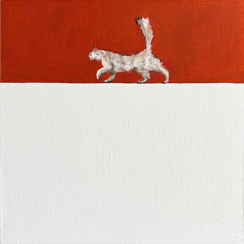 Cat with a Swagger – Red & White Oil on Canvas – 30x30 Minimalist Animal Statement von Victo, Malerei kaufen auf Select