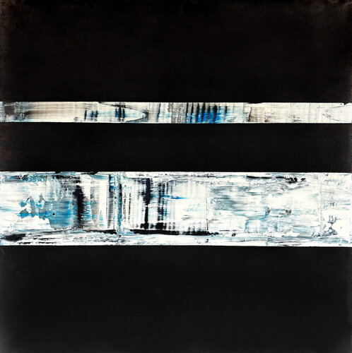 Bold Horizons – Minimalist Black & Blue Abstract Artwork – Modern Textured Painting on Canvas – 24x24" Contemporary Contrast Decor by Victo, Painting for Sale on Select