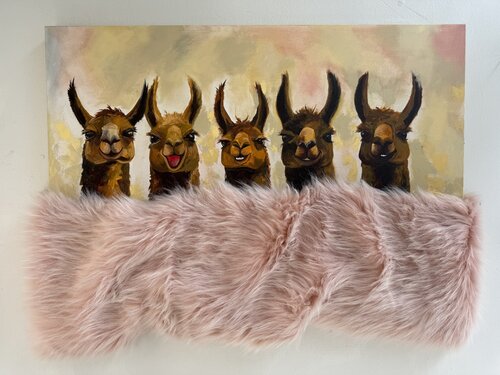 Friends Under the Blanket - Five Friendly Alpacas - Whimsical Animal Mixed Media Artwork with Faux Fur - 39x28" – Cozy, Playful, Unique Decor by Victo, Painting for Sale on Select