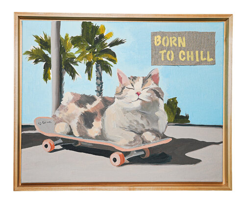 Born To Chill – Cool Cat on Skateboard Under Palm Trees | Oil & Marker on Canvas 16x20 in” by Victo, Painting for Sale on Select