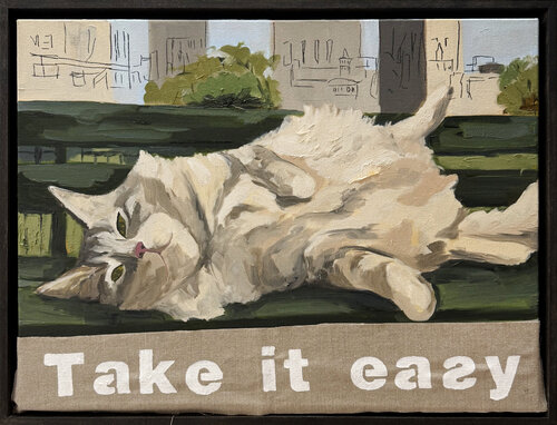 Too Cool To Move – Relaxed Cat on a Green Bench | Oil & Marker on Canvas 18x24 in” by Victo, Painting for Sale on Select