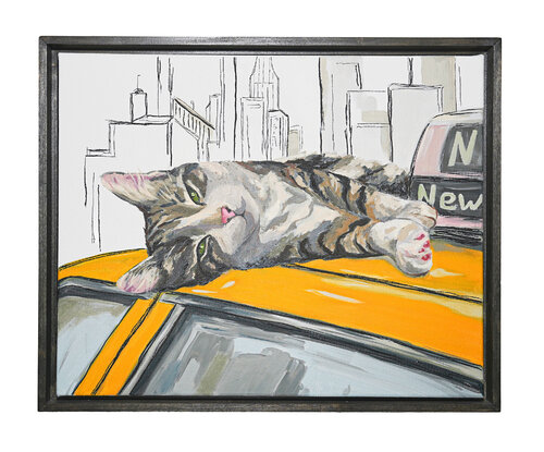 Cat In The City – Tabby on a Yellow Taxi Roof | Oil & Marker on Canvas 16x20 in” by Victo, Painting for Sale on Select