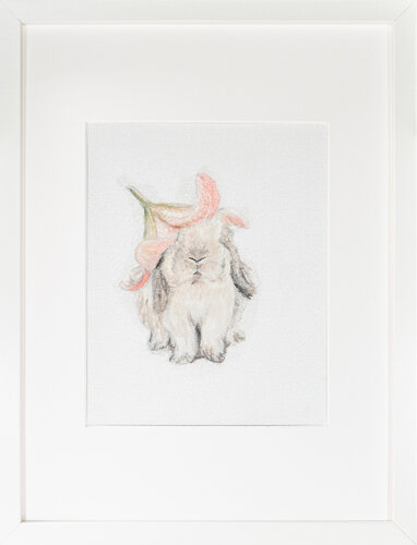 Blossom Bunny | Soft Pastel Rabbit with Lily – Oil Painting on Cardboard by Victo, Painting for Sale on Select