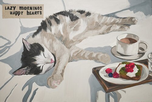 Lazy Mornings | Cat, Coffee & Sweet Silence by Victo, Painting for Sale on Select