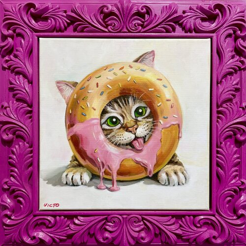 Cat in a Donut | Playful Cat Donut Painting – Oil on Canvas 30x30 – Classical Humor Animal Art by Victo, Painting for Sale on Select