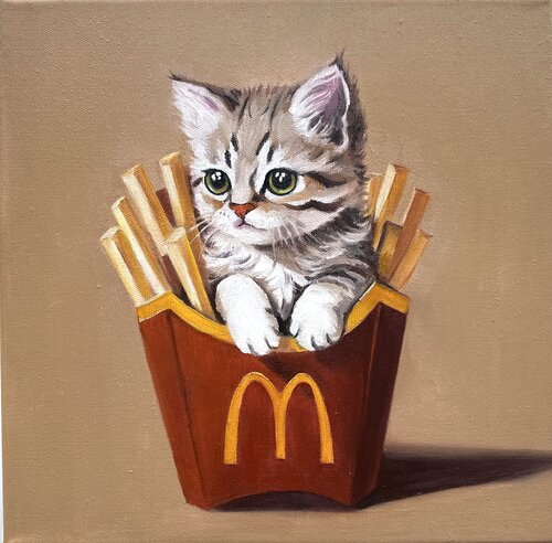 Fries Lover | Playful Kitten in French Fries Box – Oil on Canvas 30x30 – Classical Humor Animal Art by Victo, Painting for Sale on Select