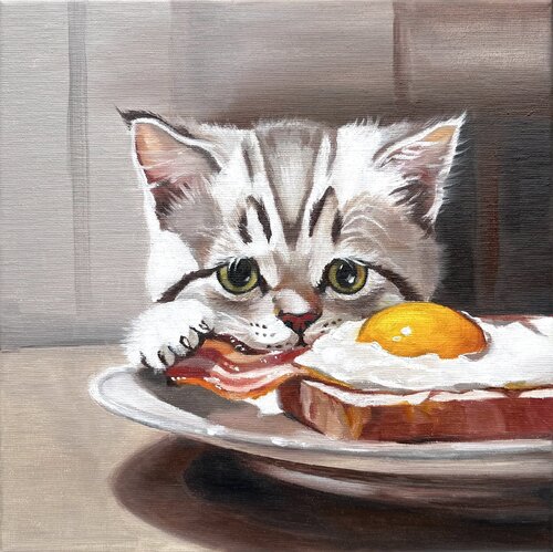 Breakfast Thief | Cat with Bacon and Egg – Oil on Canvas 30x30 – Classical Humor Animal Art by Victo, Painting for Sale on Select