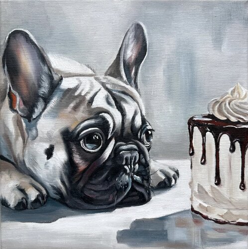 Bulldog and Cake | Curious French Bulldog with Dessert Painting – Oil on Canvas 30x30 – Classical Humor Animal Art by Victo, Painting for Sale on Select