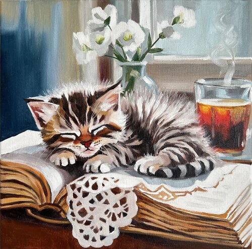 The Purrfect Chapter | Sleeping Kitten, Book and Tea Still Life – Oil on Canvas 30x30 – Classical Humor Animal Art by Victo, Painting for Sale on Select