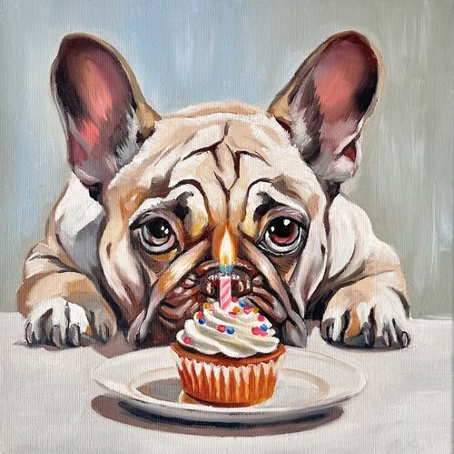 Make a Wish | Bulldog and Birthday Cupcake  – Oil on Canvas 30x30 – Classical Humor Animal Art by Victo, Painting for Sale on Select