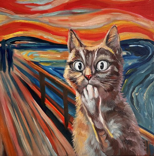 The Cat Scream — Munch Parody Oil Painting – Oil on Canvas 30x30 – Classical Humor Animal Art by Victo, Painting for Sale on Select
