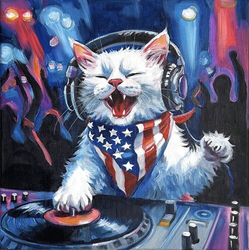 DJ Mood | Cat Lost in the Beat  – Oil on Canvas 30x30 – Classical Humor Animal Art by Victo, Painting for Sale on Select