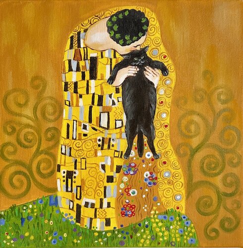 The Golden Cat | Cat Visiting Klimt – Oil on Canvas 30x30 – Classical Humor Animal Art by Victo, Painting for Sale on Select