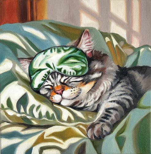 Sweet Dreams | Dreaming Kitten in Warm Sunlight – Oil on Canvas 30x30 – Classical Humor Animal Art by Victo, Painting for Sale on Select