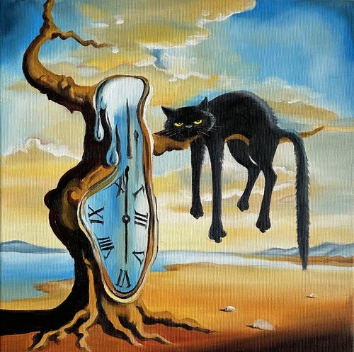 The Persistence of Cat  – Oil on Canvas 30x30 – Classical Humor Animal Art by Victo, Painting for Sale on Select