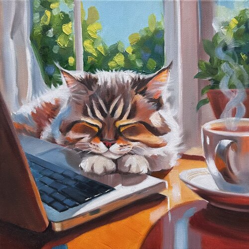 Do Not Disturb | Sleeping Kitten on Laptop by Victo, Painting for Sale on Select